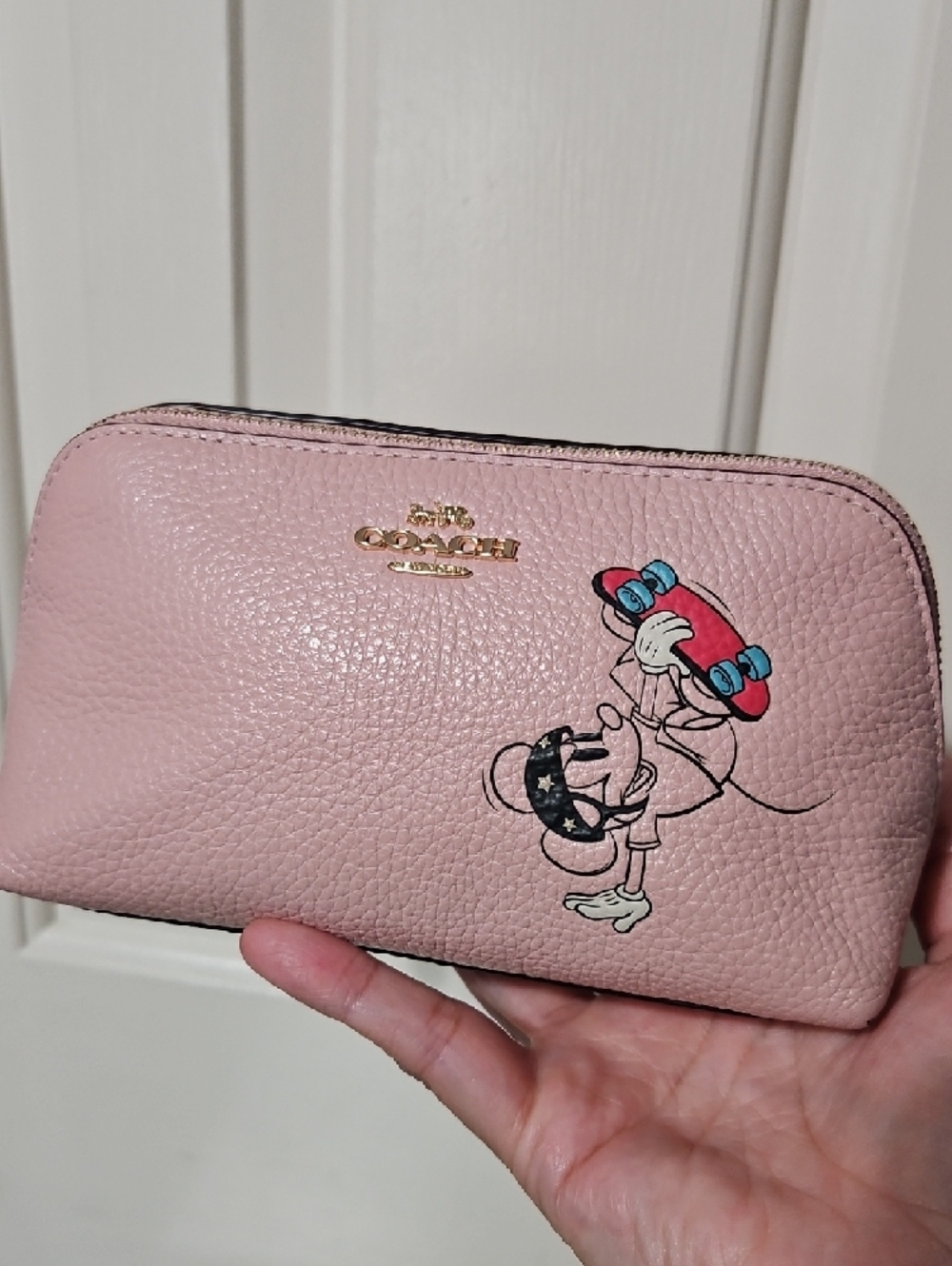 Coach X Disney Pink Pebbled Leather Cosmetic Pouch with Mickey Skate Graphic - Picture 5 of 10